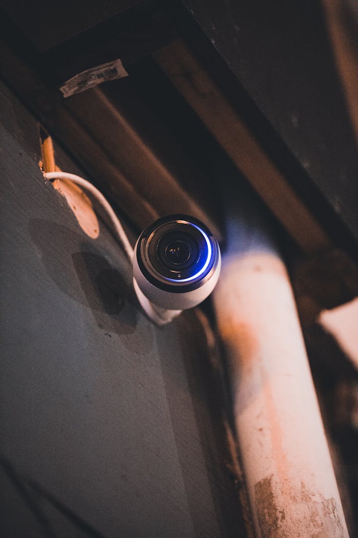 Services-03 A security camera mounted on an indoor wall with ambient lighting.